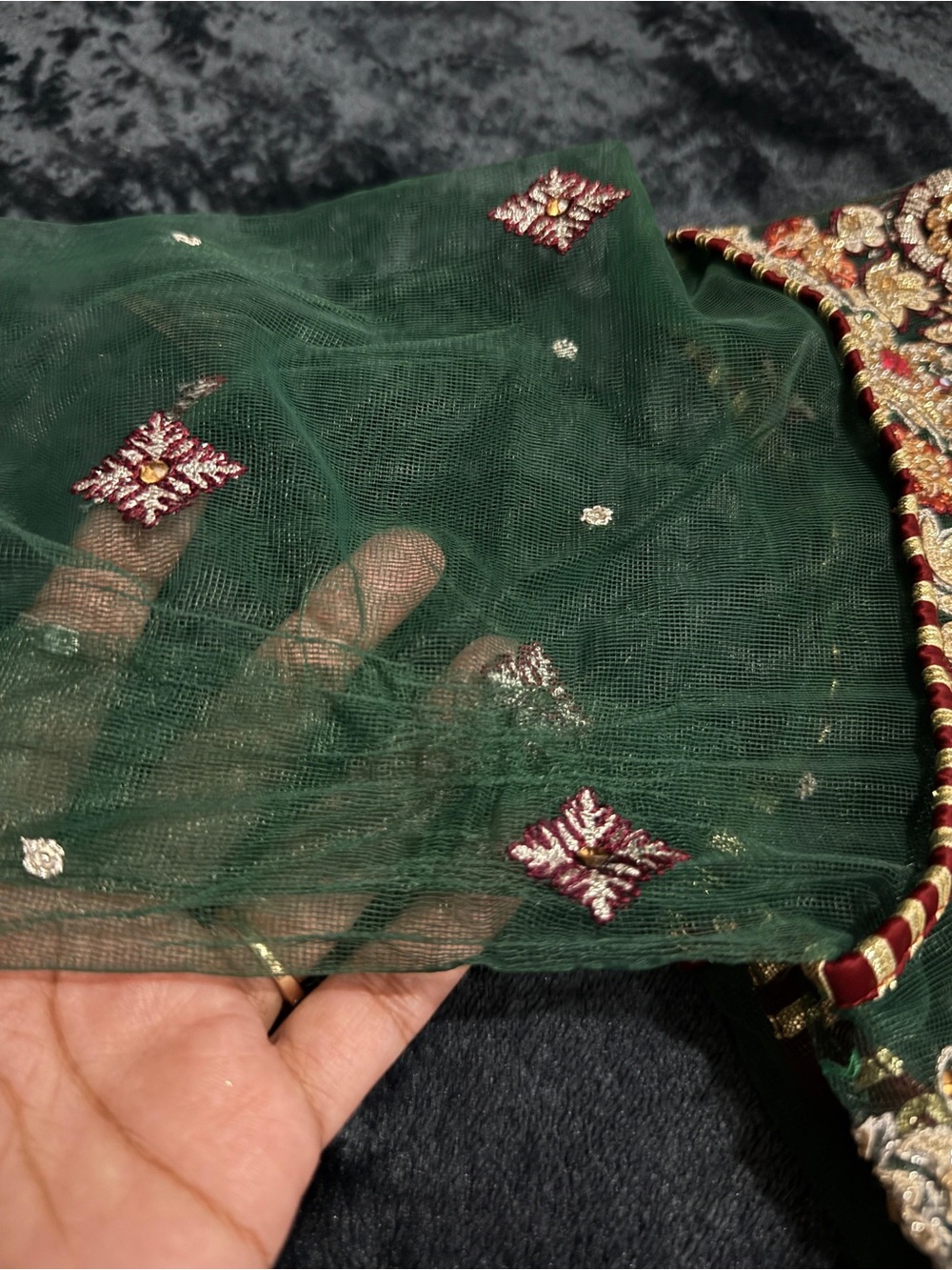 Salwar Kameez Embroidered Green Tunic with Maroon Dupatta - Picture 16 of 16